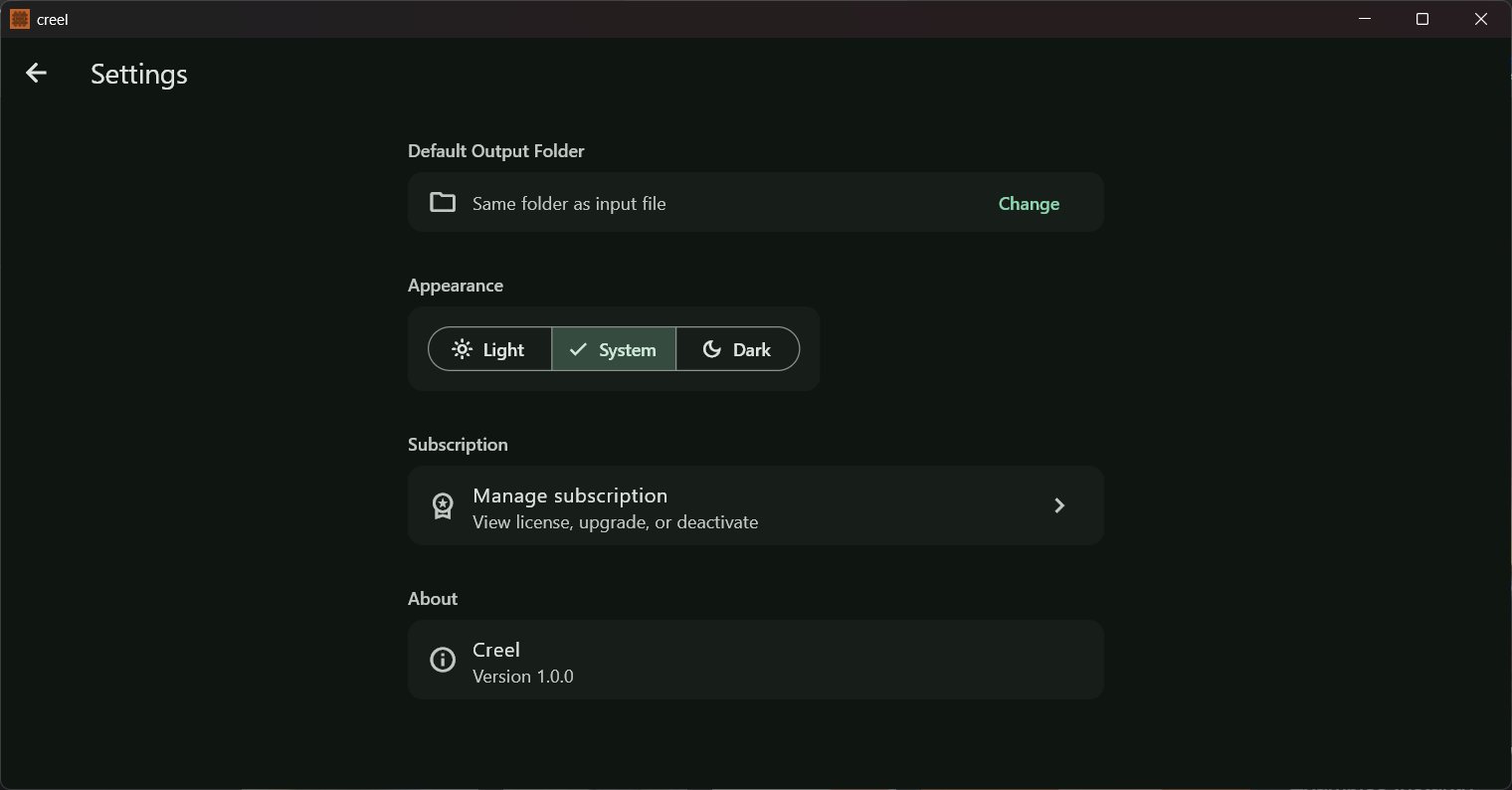 Creel settings screen