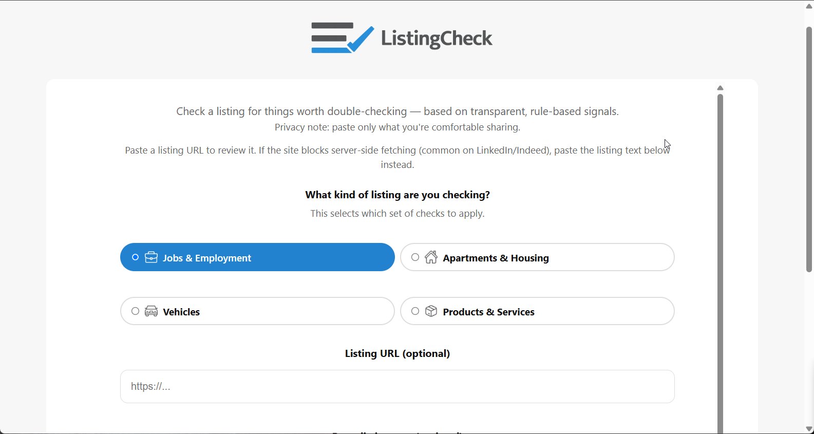 ListingCheck listing type selection screen