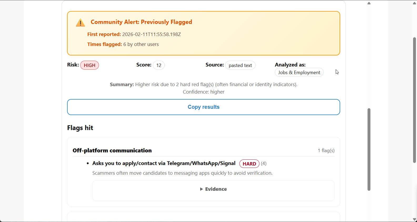 ListingCheck results screen showing risk score